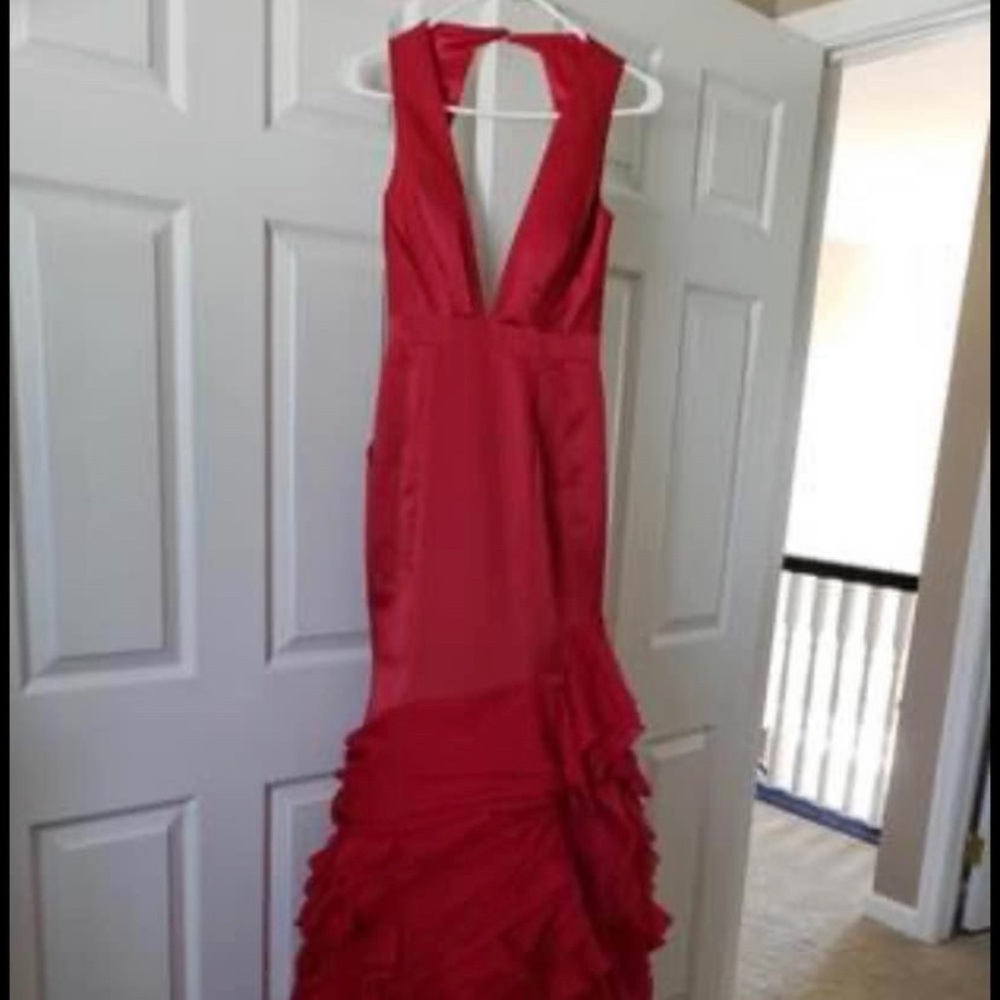 Brand new Designer prom dress Sz 2 Red , open back ,low front , front pockets